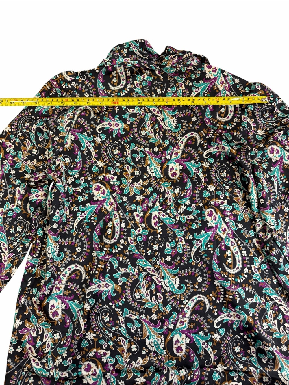 Chic Paisley Tie-Neck Blouse in Black, Teal & Purple - Picture 3 of 7
